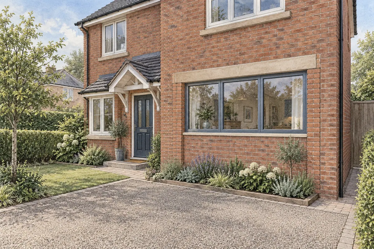 Illustration of a converted integral garage seen from the drive, with a wide window and matching brickwork where the garage door was.