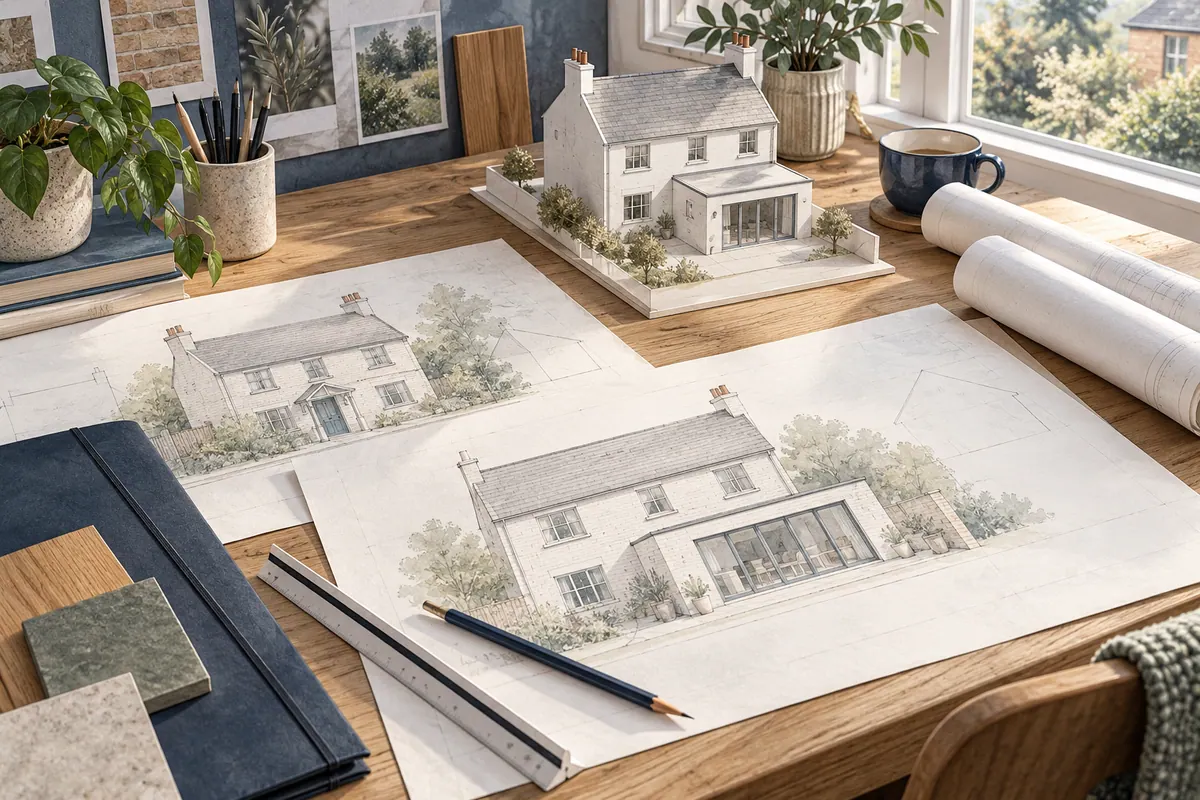 Illustration of a house model, architectural drawings and material samples on an oak design desk.