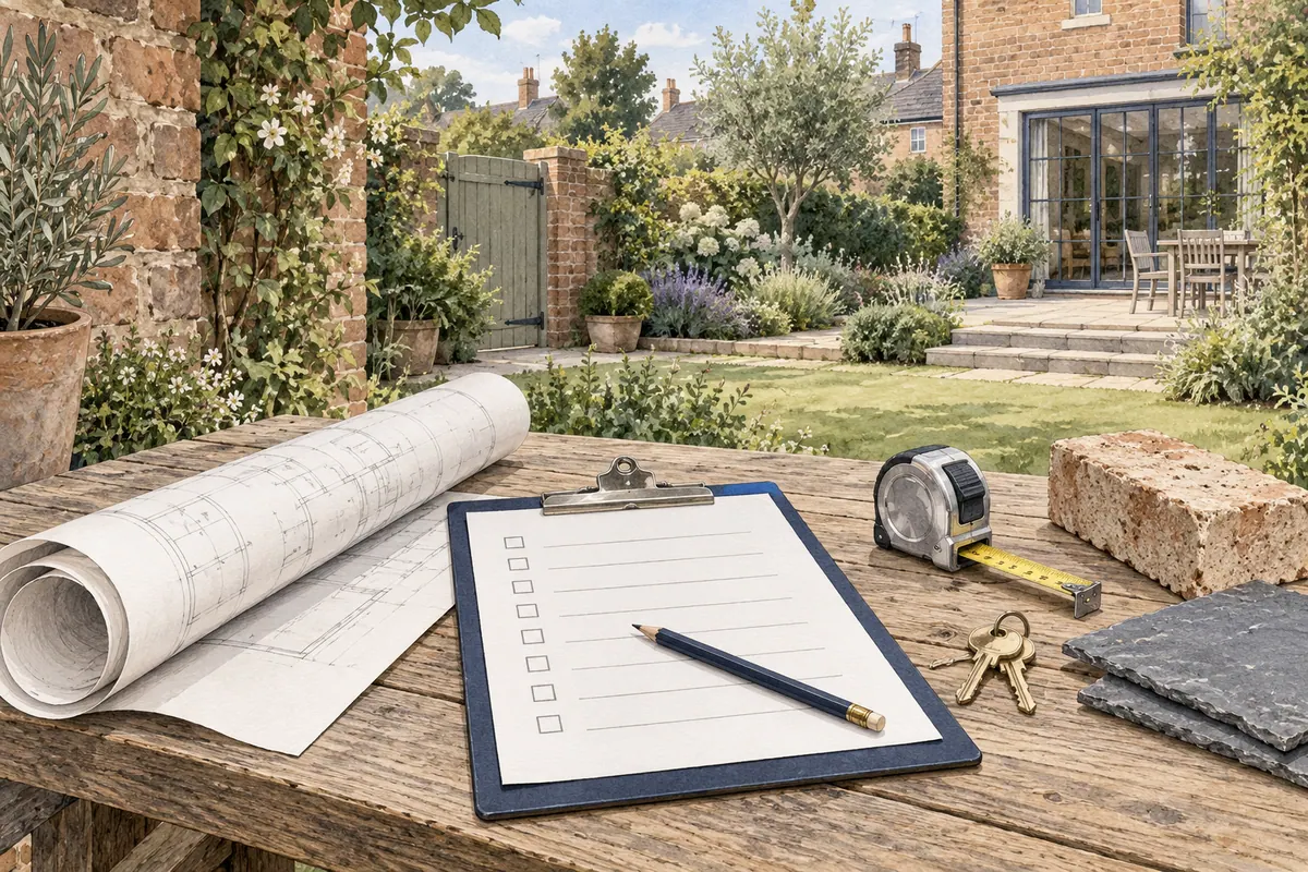 Illustration of a checklist, rolled drawing, keys, tape measure and building material samples on a garden workbench.