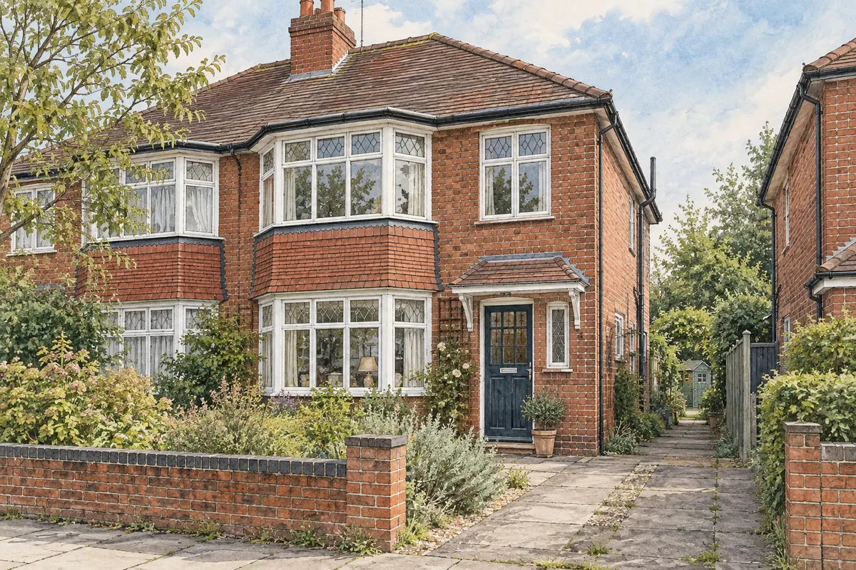 Illustration of an unmodernised brick semi-detached house with bay windows and a narrow side passage.