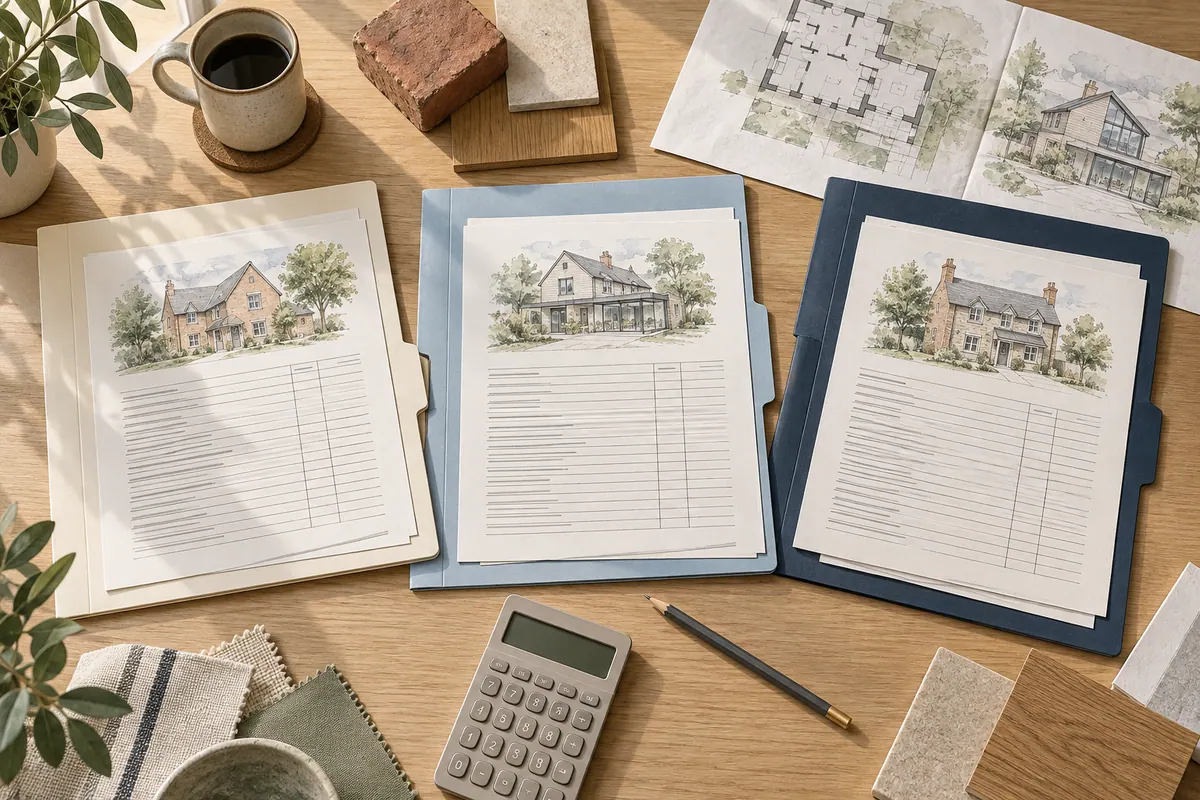 Illustration of three quotation folders, architectural sketches, material samples and a calculator on a table.