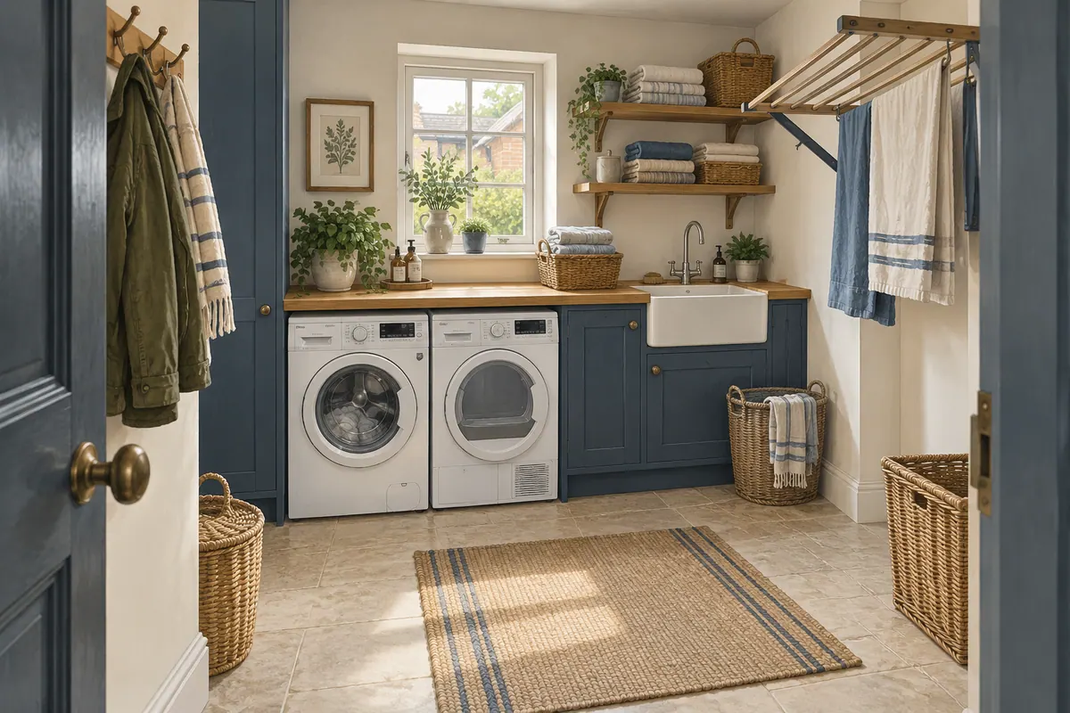 Illustration of a navy utility room with laundry appliances, a sink, worktop, baskets and a drying rack.