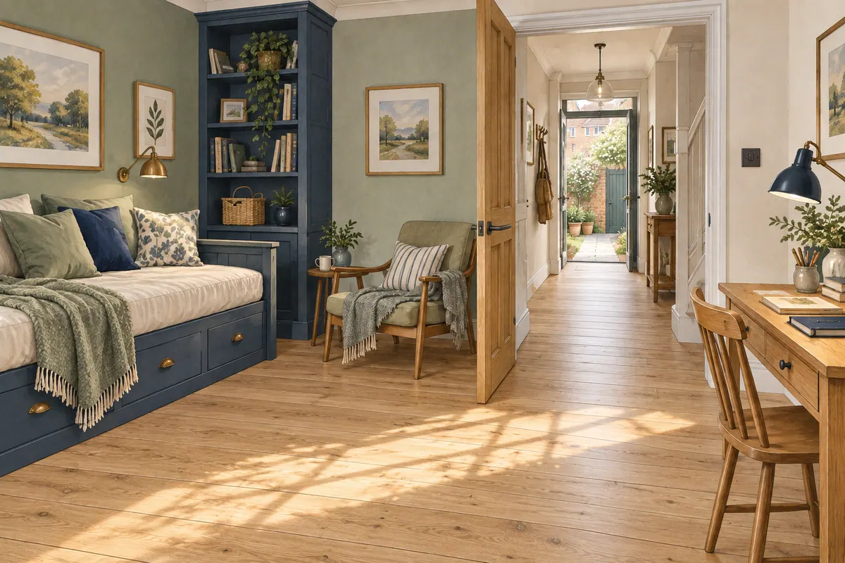 Illustration of a flexible ground-floor room with a daybed, desk and clear timber-floor route into a hall.