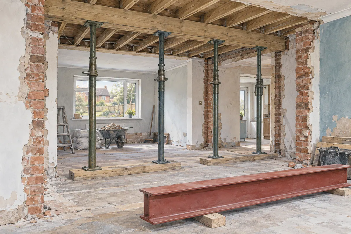 Illustration of Acrow props supporting an opened-up ground floor, with a new steel beam waiting on timber blocks.
