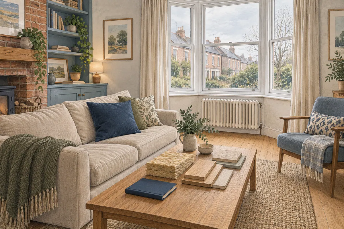 Illustration of a comfortable living room with a bay window, radiator and renovation material samples.