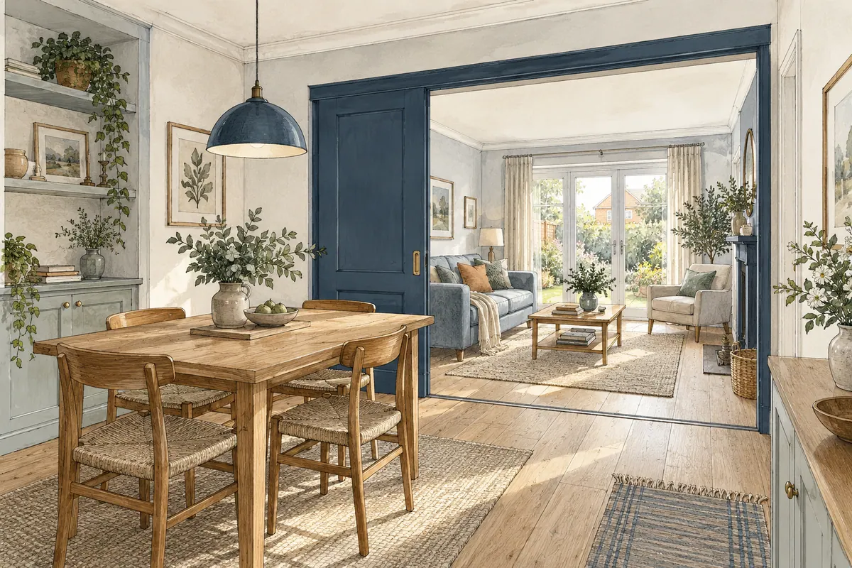 Architectural illustration of dining and sitting rooms connected by a wide opening with a navy sliding divider.