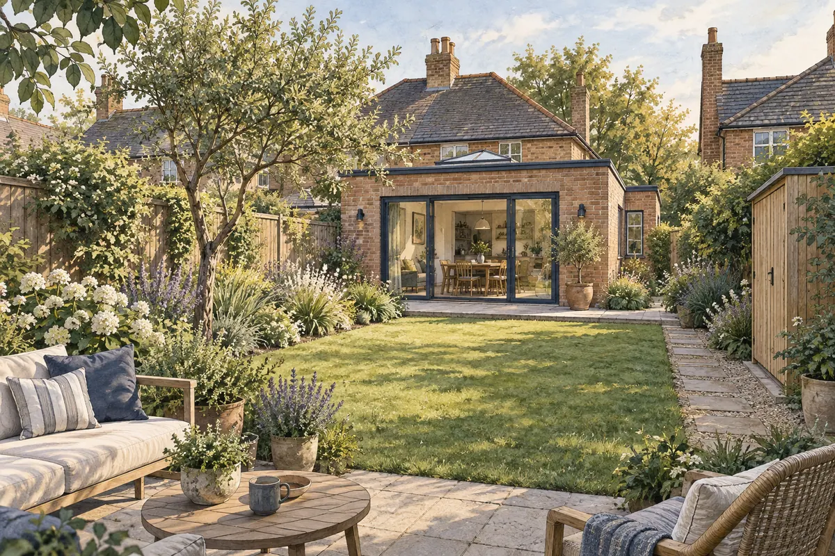 Illustration of a compact rear extension with a retained lawn, planting, garden path and seating area.