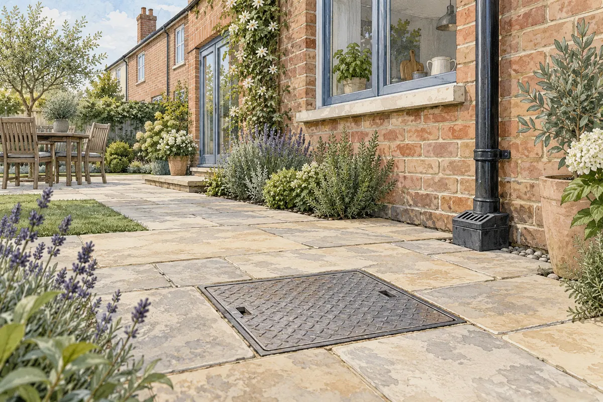 Illustration of a closed metal inspection chamber cover in a paved garden beside a brick house and downpipe.