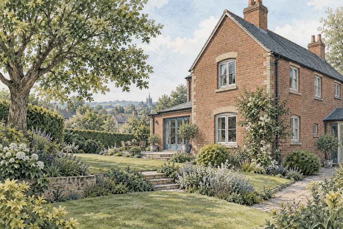 Illustration of a brick house beside a mature tree, with paths and changing garden levels.
