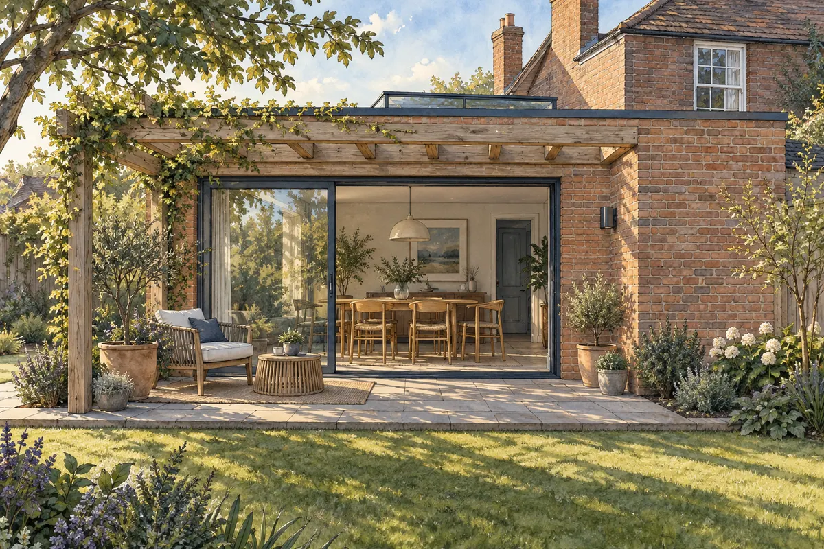 Illustration of a brick rear extension with glazed garden doors, a rooflight and a timber pergola casting shade.