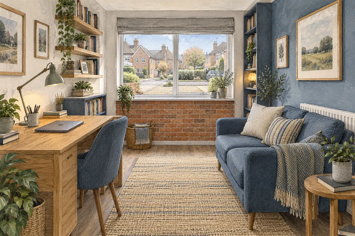 Illustration of a narrow garage converted into a home office and snug, with an oak desk, blue sofa and front window.