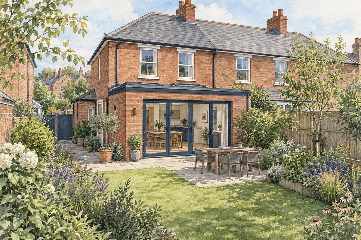 Architectural illustration of an English brick house with a modest rear extension, garden doors, patio and planted garden.