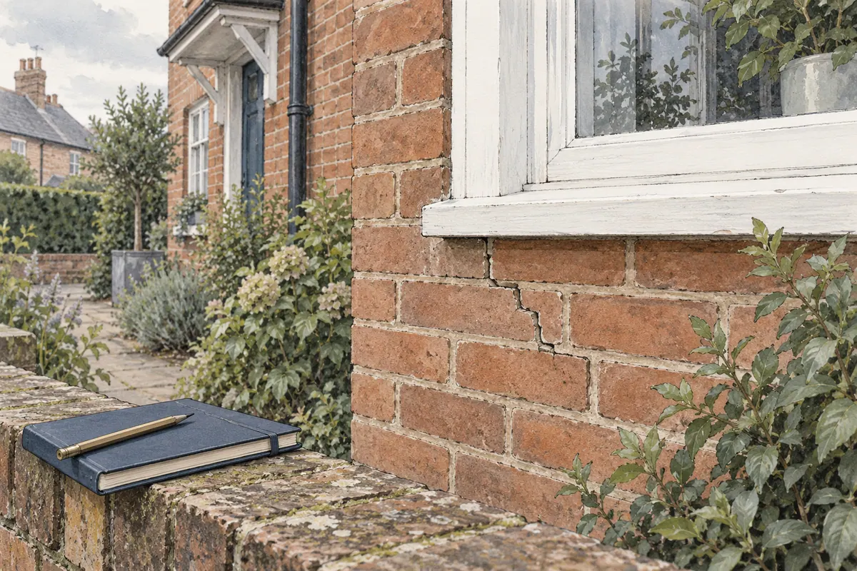 Illustration of cracked mortar beneath a brick-house window, with an observation notebook in the foreground.