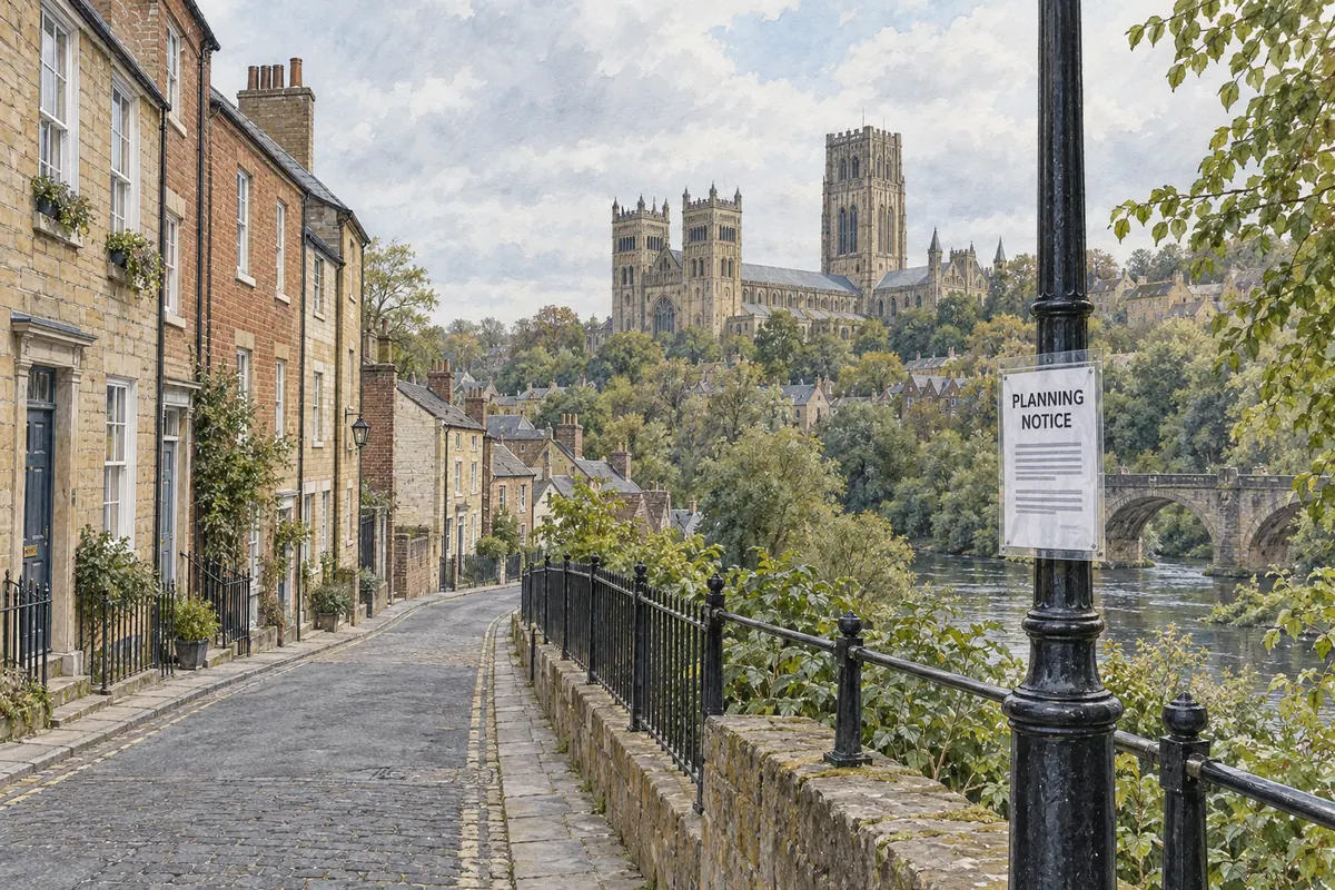 Illustration of a planning notice on a lamp post, with Durham terraces and the cathedral beyond.