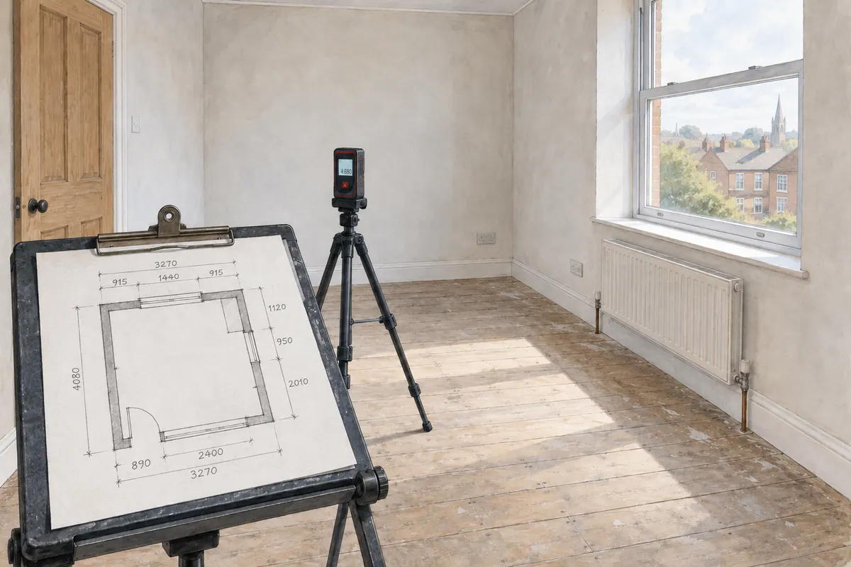 Illustration of an empty room being surveyed, with a laser measure on a tripod, a tape across a window reveal and a sketched floor plan on a clipboard