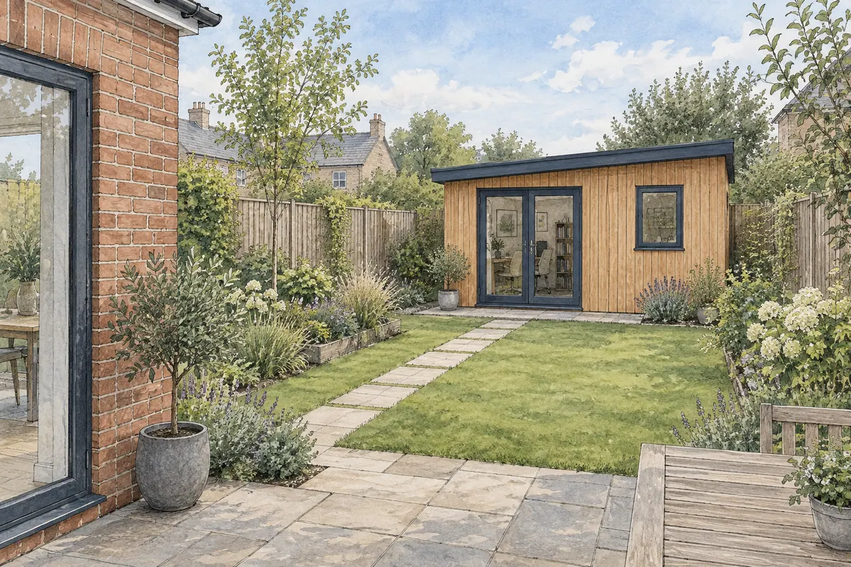 Illustration of a modest timber garden office with glazed doors, viewed across a lawn.