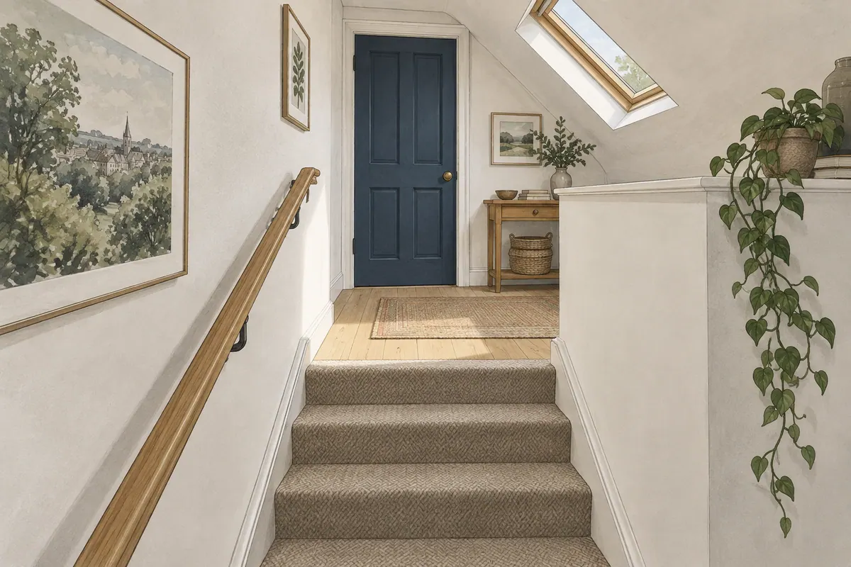Illustration of an enclosed loft staircase with an oak handrail, small landing, navy door and rooflight.