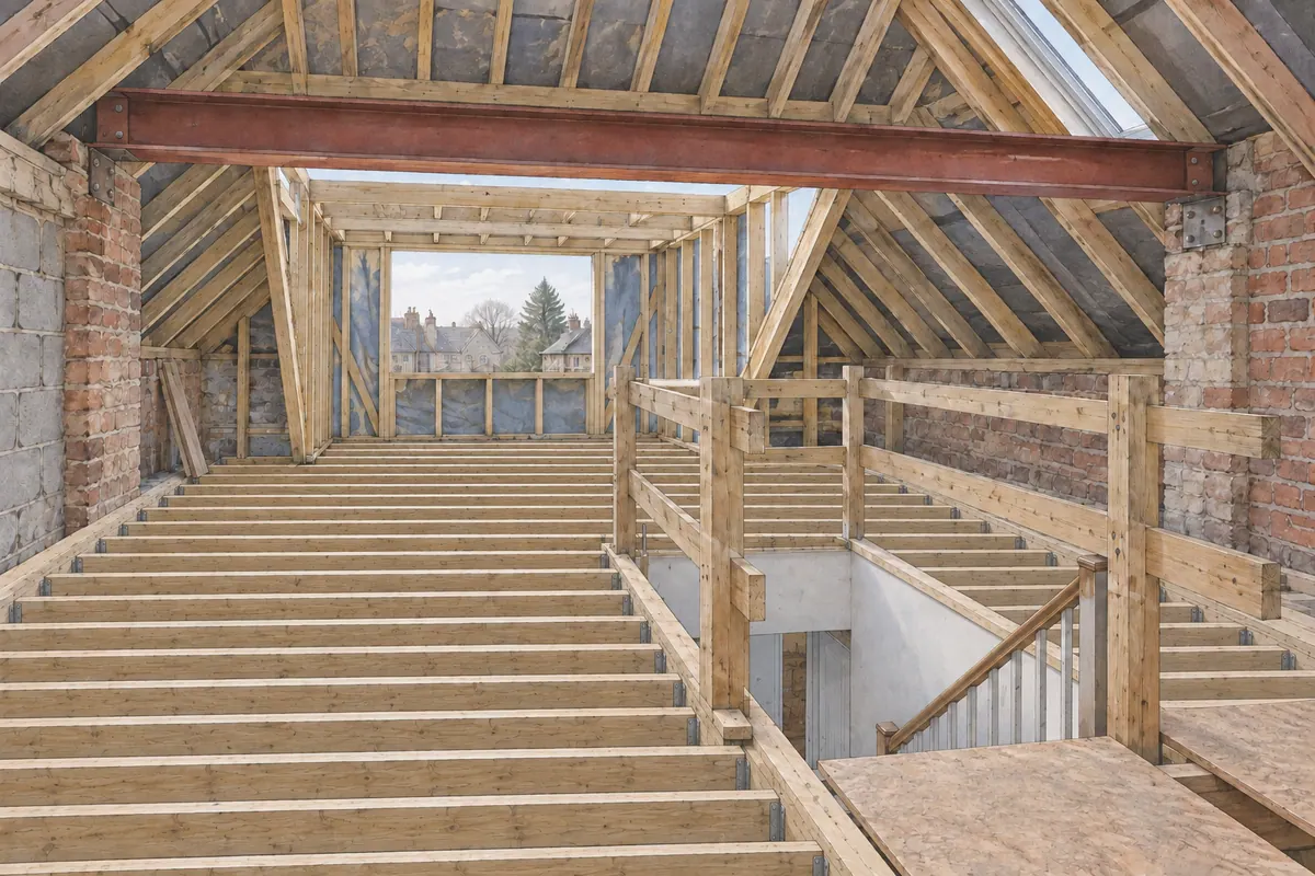 Illustration of a loft conversion mid-build, with new floor joists, a steel beam at the ridge, the staircase opening and a rear dormer framed but not yet clad.
