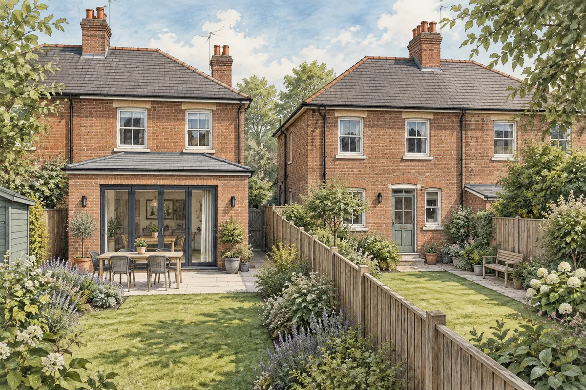Illustration of neighbouring brick homes and gardens, one with a modest rear extension.