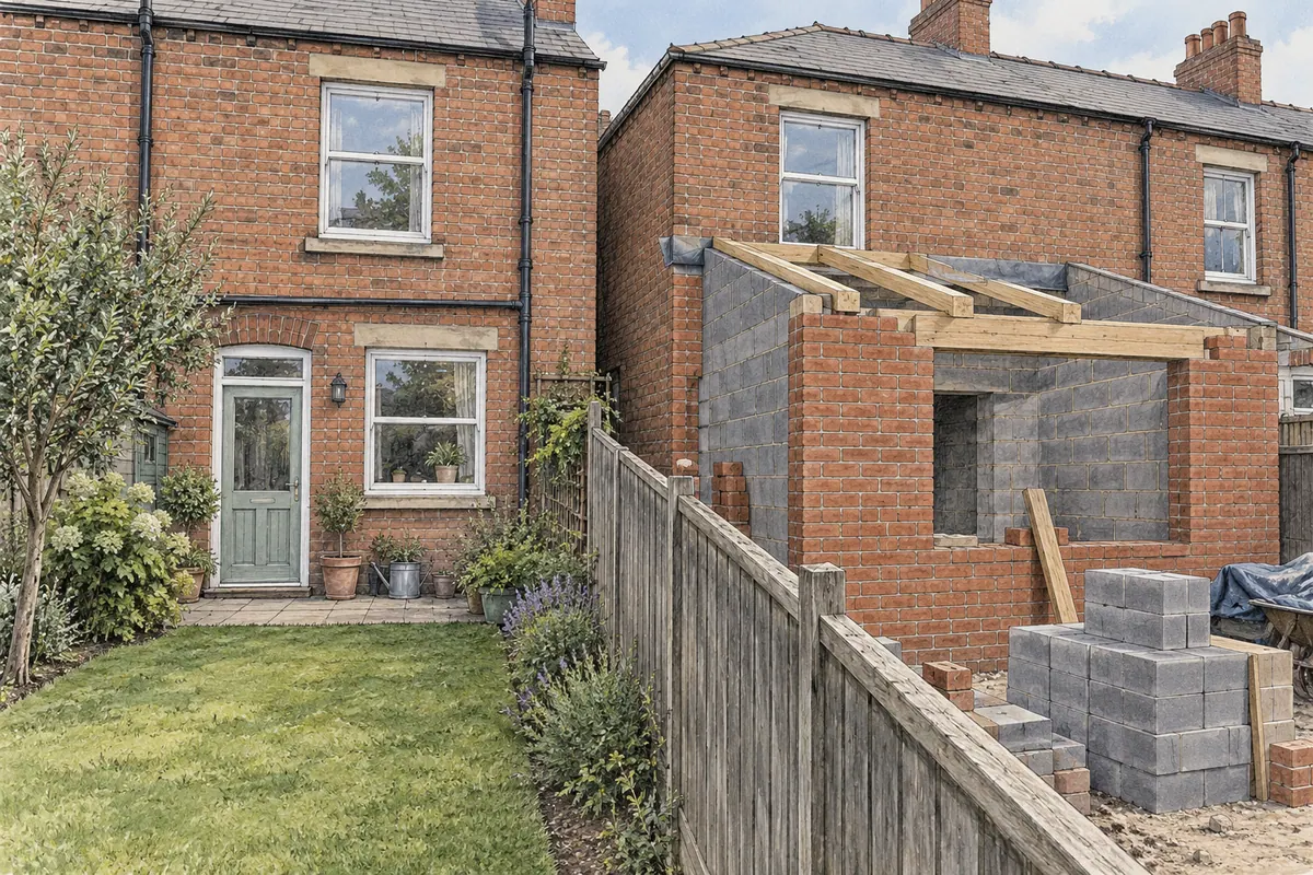 Illustration of an extension under construction beside the fence between neighbouring homes.