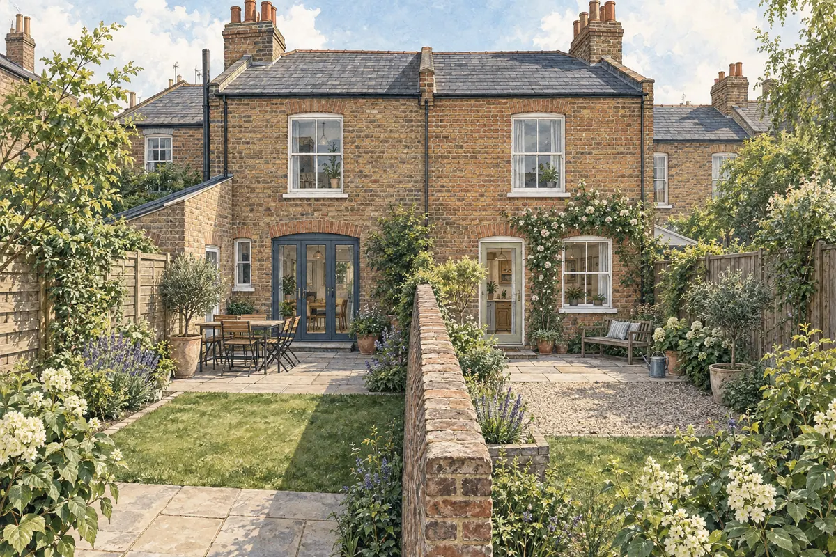 Illustration of adjoining terraced houses and gardens separated by a central brick wall.