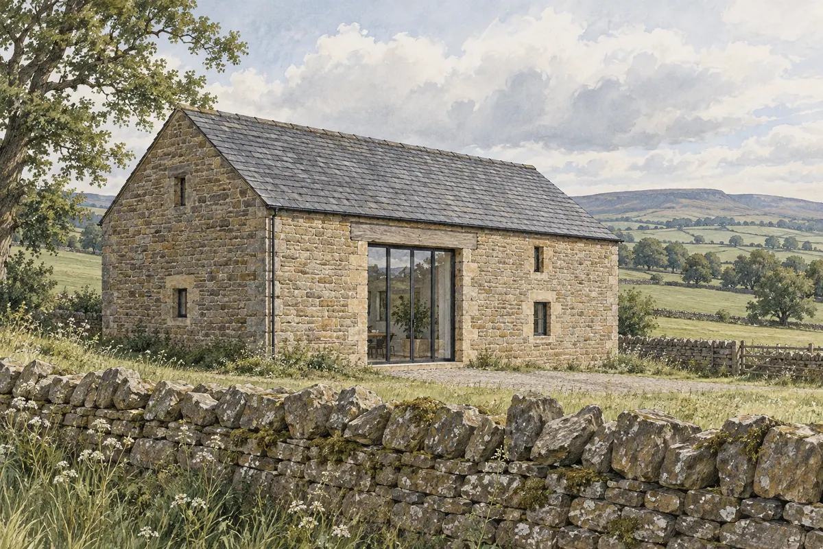 Illustration of a stone field barn in County Durham countryside with slim-framed glazing in the original cart opening and a slate roof