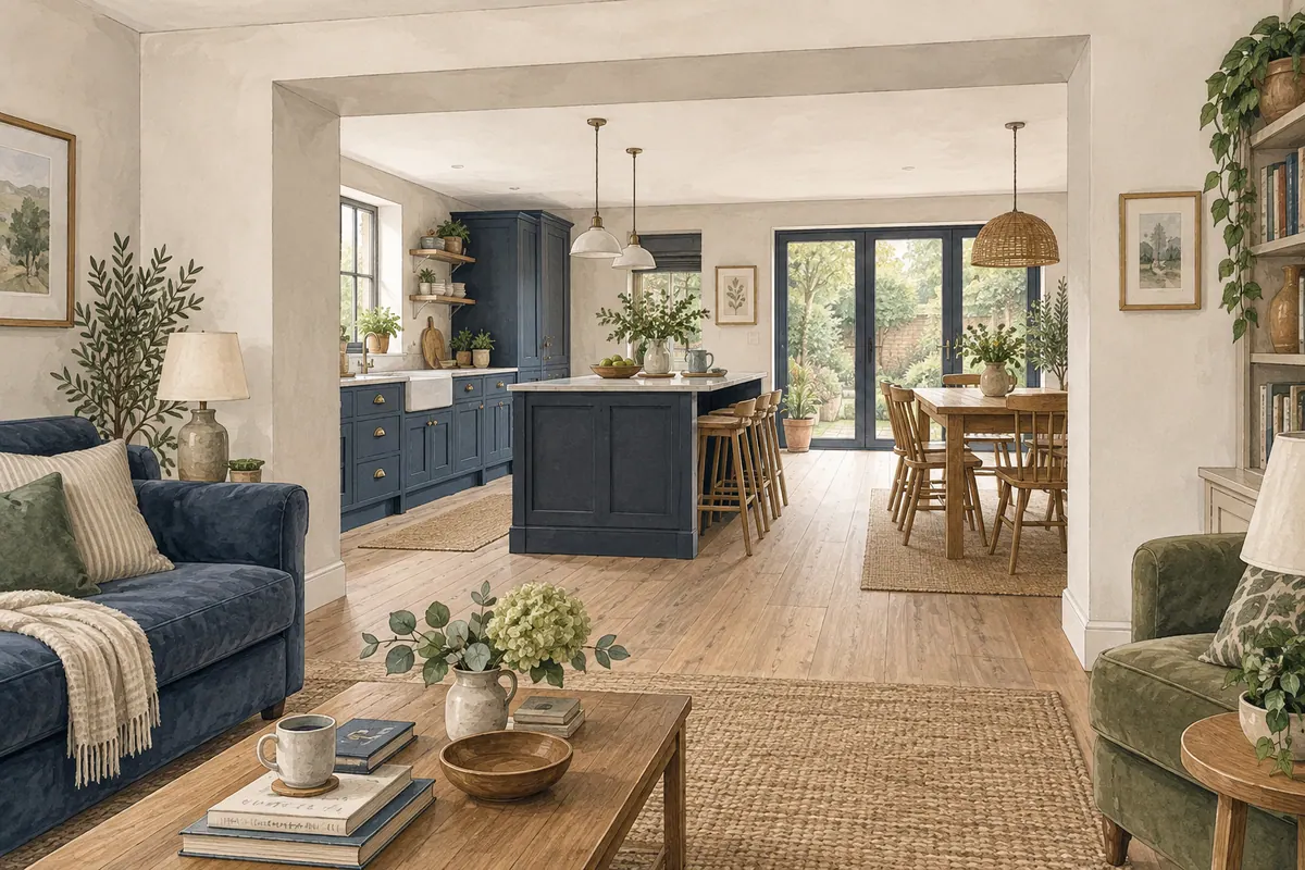 Illustration of a finished opening between a sitting room and kitchen, with a plastered bulkhead and wall returns.