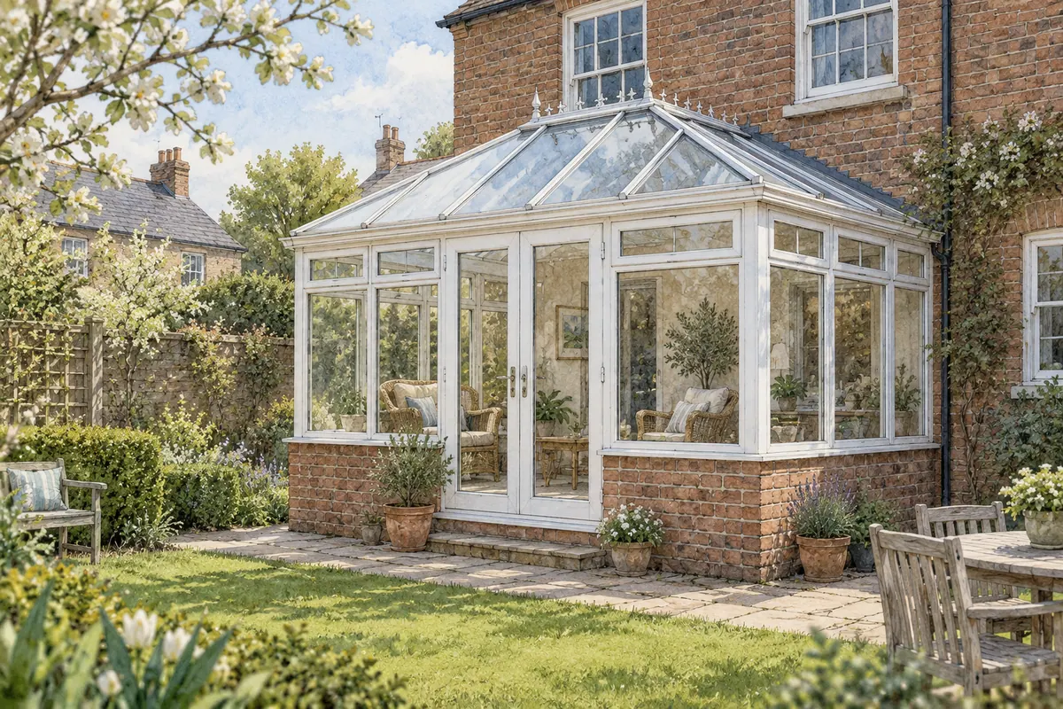 Illustration of a glass-roof conservatory with white frames and low brick walls attached to a brick house.