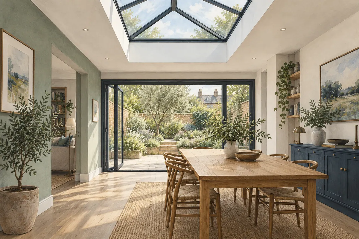 Illustration of an oak dining room beneath a glazed roof lantern, with garden doors beyond.