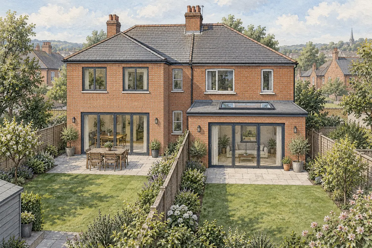 Illustration of a semi-detached house seen from the garden, with a two-storey rear extension on one half and a single-storey extension with a rooflight on the other