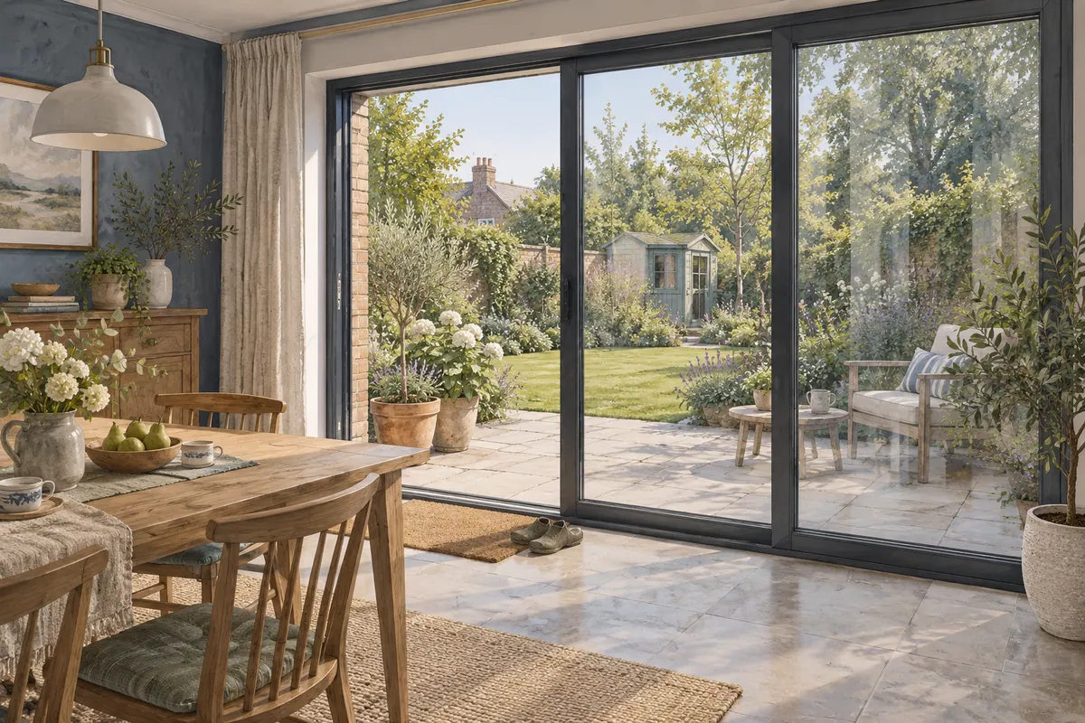 Illustration of sliding garden doors beside an oak dining table, opening onto a planted terrace.