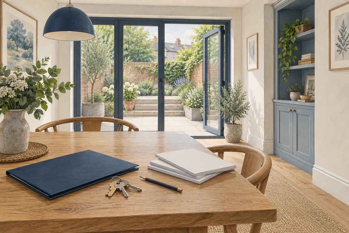 Illustration of house keys, a navy document folder and instruction booklets in a finished extension.