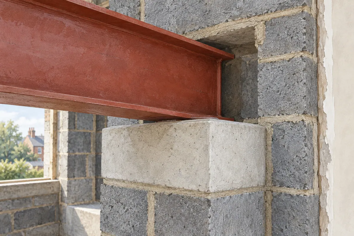 Close-up illustration of a steel beam resting on a concrete padstone in blockwork.