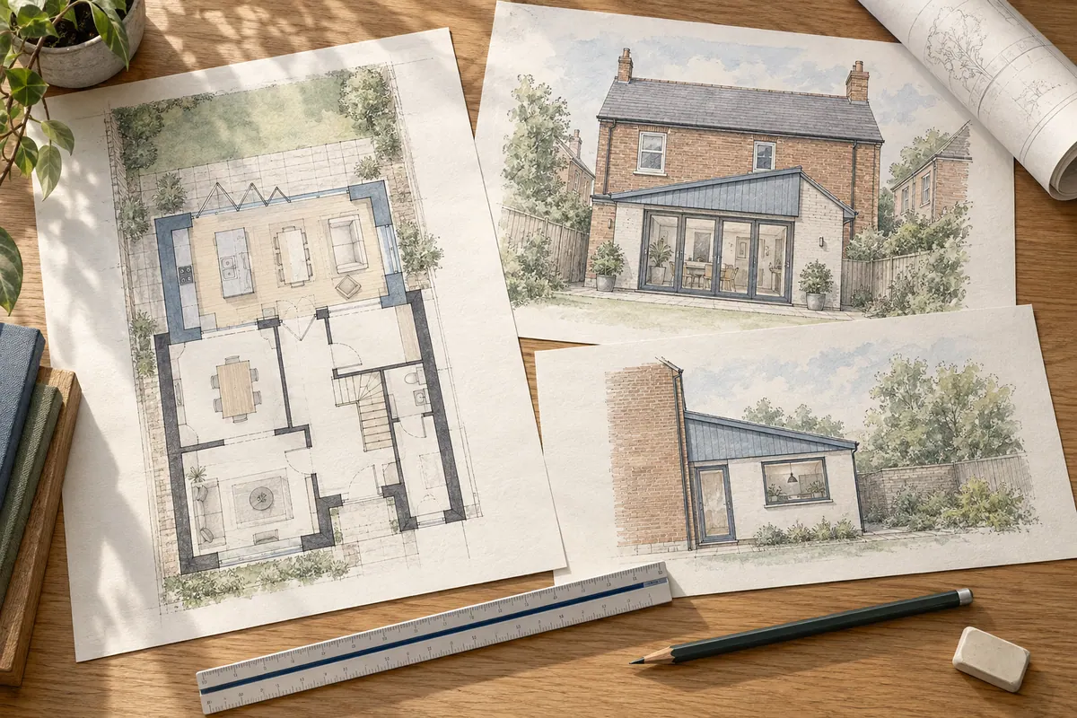 Illustration of rear-extension plans and elevations on a desk with a scale rule and pencil.