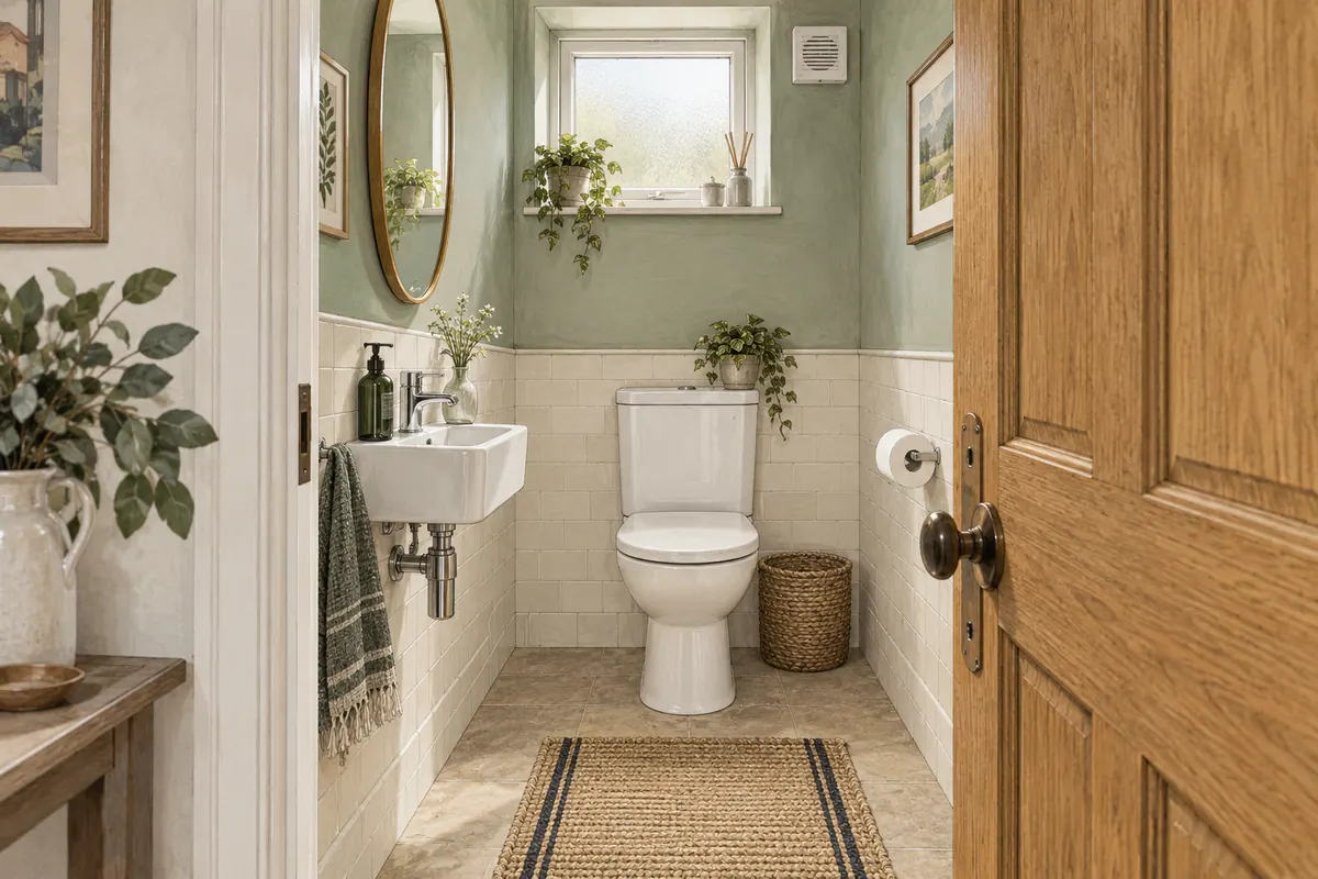 Illustration of a compact downstairs toilet with a hand basin, frosted window and open timber door.