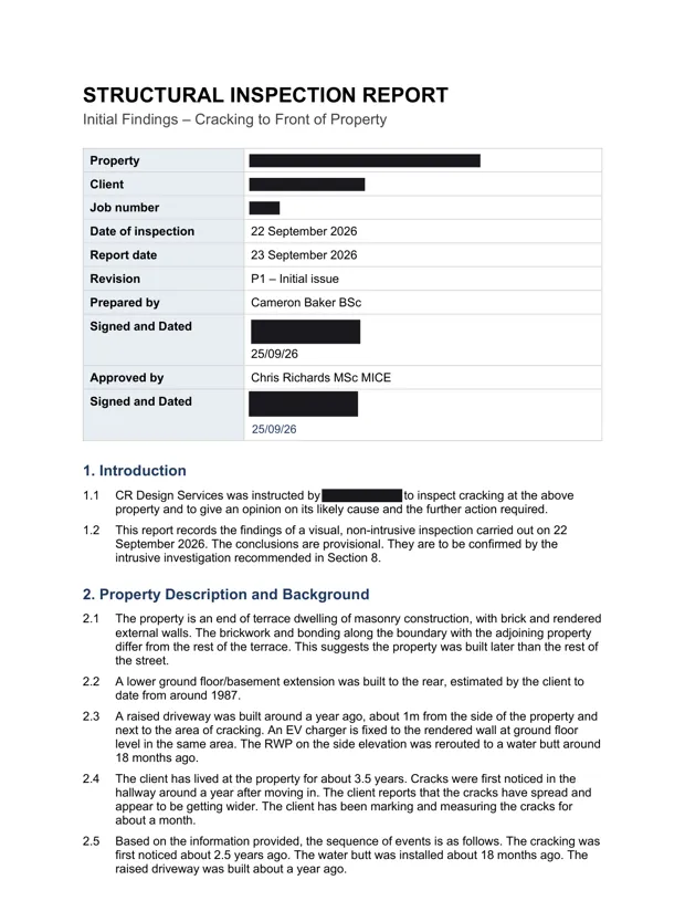 First page of a CR Design Services structural inspection report, with the property address, client name and signatures blacked out