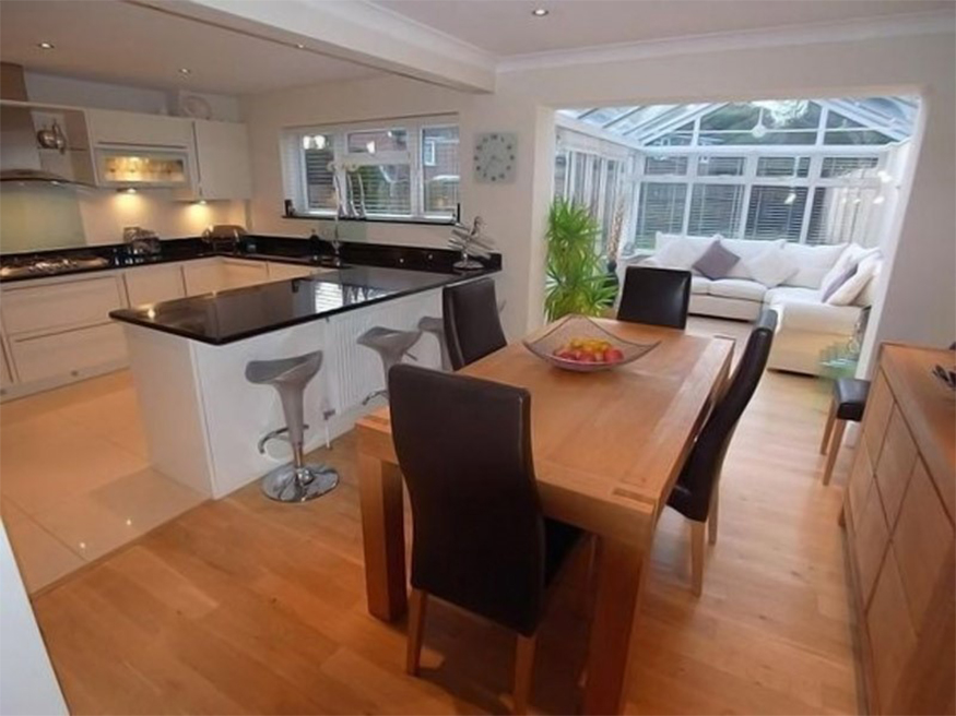 An open plan layout in a modern kitchen, dining and living area